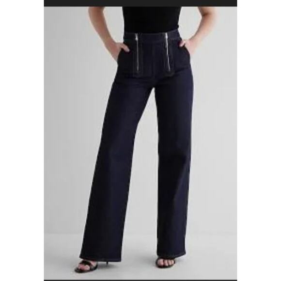 Express High Rise Wide Leg Exposed Double Zipper Dark Wash Jeans 4 Petite - Picture 1 of 12